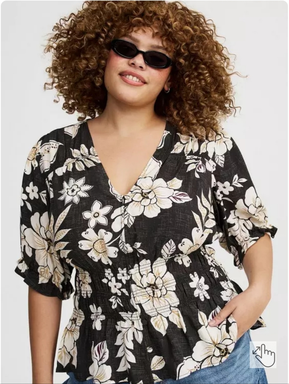 Torrid  Black Floral Peplum V Neck Puff Sleeve Top Blouse Smocked 3X